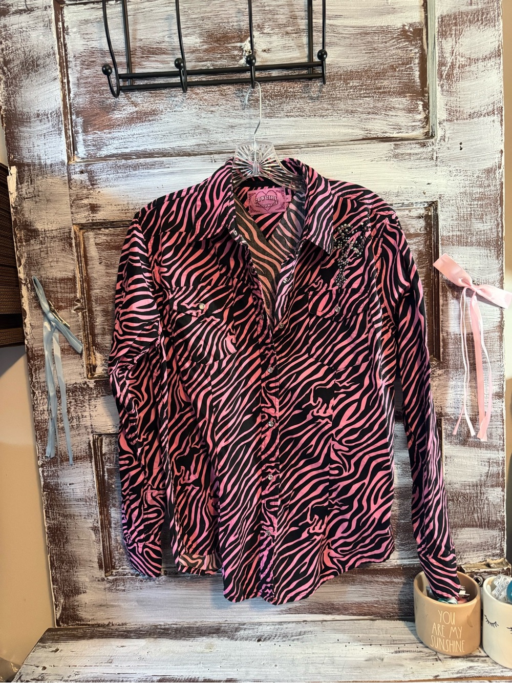 Women's Pink and Black Zebra Print Button-Down Shirt with Bedazzled Cross